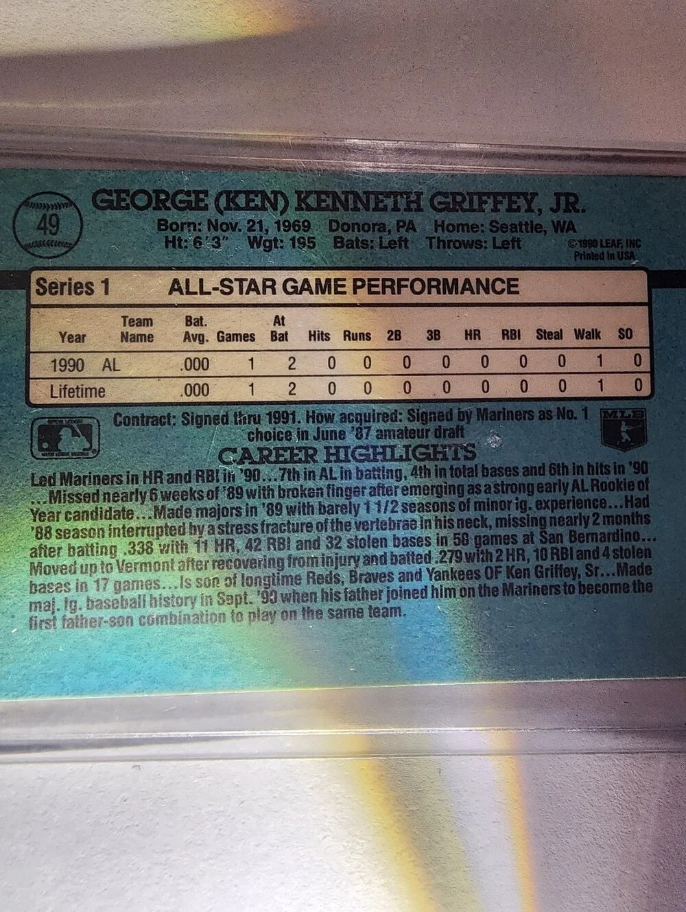 Ken Griffey Jr. 91 Donruss Authenic Error Card #49